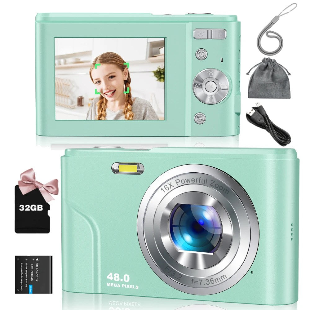 Digital Camera 1080P 48MP Autofocus Digital Camera for Beginners Video Camera with 32GB Memory Card 16X Digital Zoom Compact Cam Green