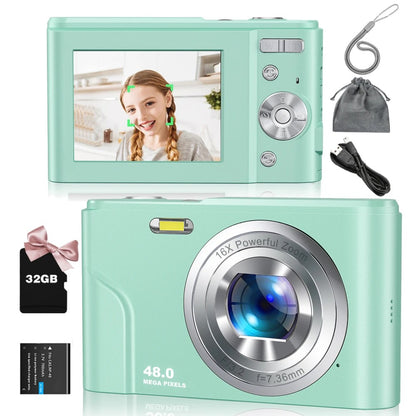 Digital Camera 1080P 48MP Autofocus Digital Camera for Beginners Video Camera with 32GB Memory Card 16X Digital Zoom Compact Cam Green