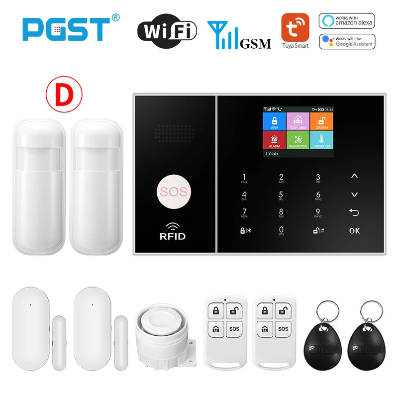 PGST Smart Life Alarm System for Home WIFI GSM Security Alarm Host with Door and Motion Sensor Tuya Smart App control work Alexa D, Eu plug