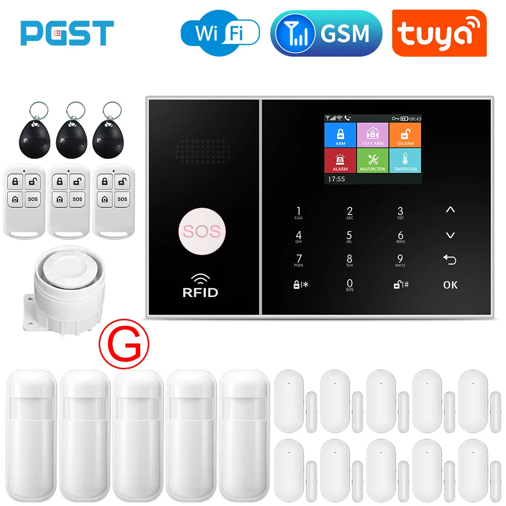 PGST Smart Life Alarm System for Home WIFI GSM Security Alarm Host with Door and Motion Sensor Tuya Smart App control work Alexa G, Eu plug