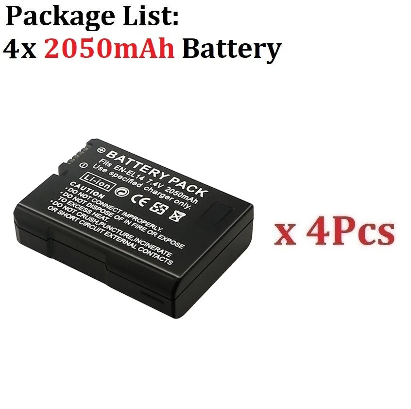 2050mah EN-EL14a EL14 CAMERA BATTERY EN-EL14 For Nikon P7000 P7100 P7800 P7700 D3100 D3200 D3300 D3400 D3500 D5600 D5100 D5300 4Pcs Battery