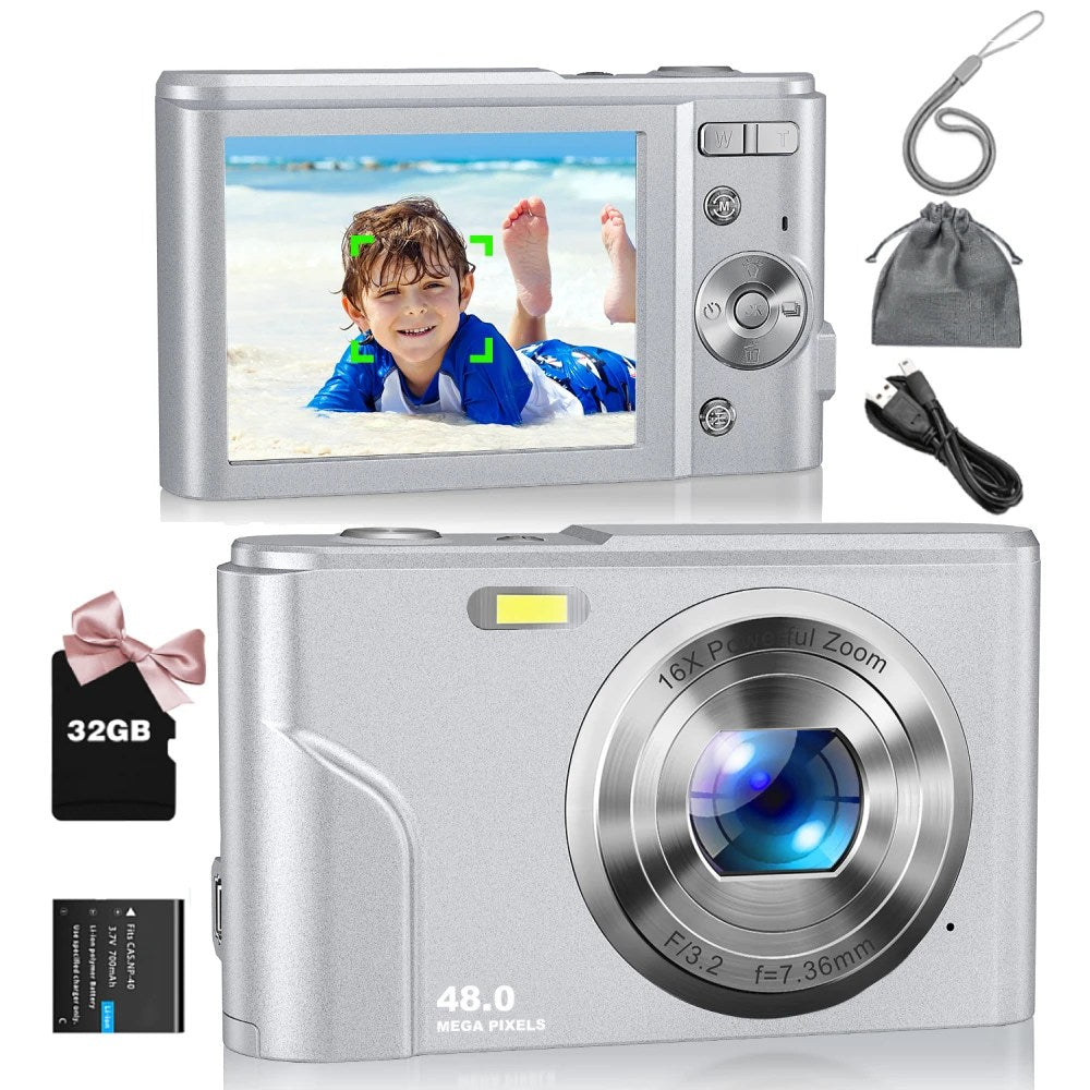 Digital Camera 1080P 48MP Autofocus Digital Camera for Beginners Video Camera with 32GB Memory Card 16X Digital Zoom Compact Cam Silver
