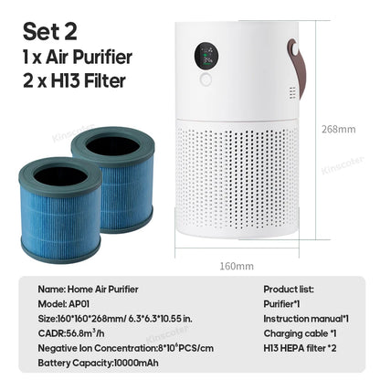 Household HEPA Air Purifier Wireless Portable Air Cleaner Adsorption Of Pm2.5 Dust Formaldehyde For Pollen Allergy Sufferers White with 2 filter