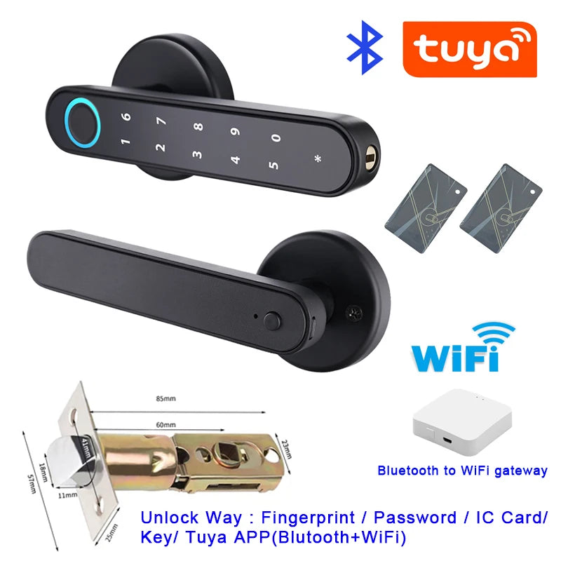 Tuya SmartLife APP Smart Fingerprint Password RFID Card Lock Dead Bolt With Key For Indoor Wooden Metal Door Black B With Gateway