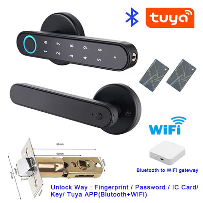 Tuya SmartLife APP Smart Fingerprint Password RFID Card Lock Dead Bolt With Key For Indoor Wooden Metal Door Black B With Gateway