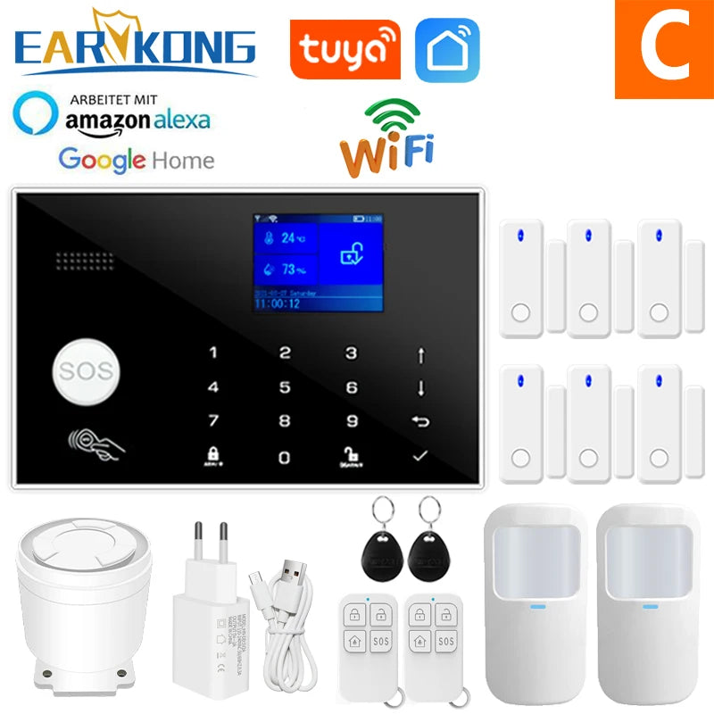 Wifi GSM Alarm System Home Wireless Security Burglar Alarm Kit Door Open Motion Sensor Smart Life Tuya App Control Suit Alexa Option C