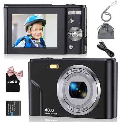 Digital Camera 1080P 48MP Autofocus Digital Camera for Beginners Video Camera with 32GB Memory Card 16X Digital Zoom Compact Cam black
