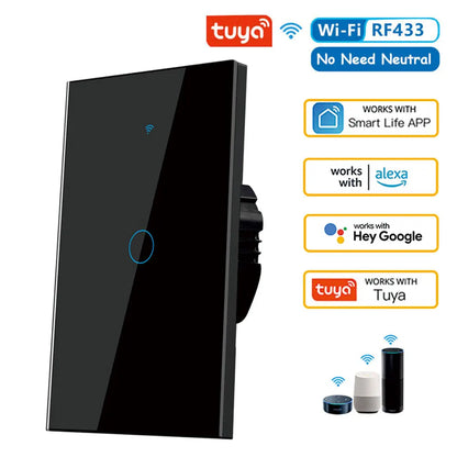 Tuya US WiFi Smart Wall Switch RF433 1/2/3/4 Gang No Neutral Wire Touch Sensor LED Light Switches Smart Home Alexa Google Home Black 1 Gang