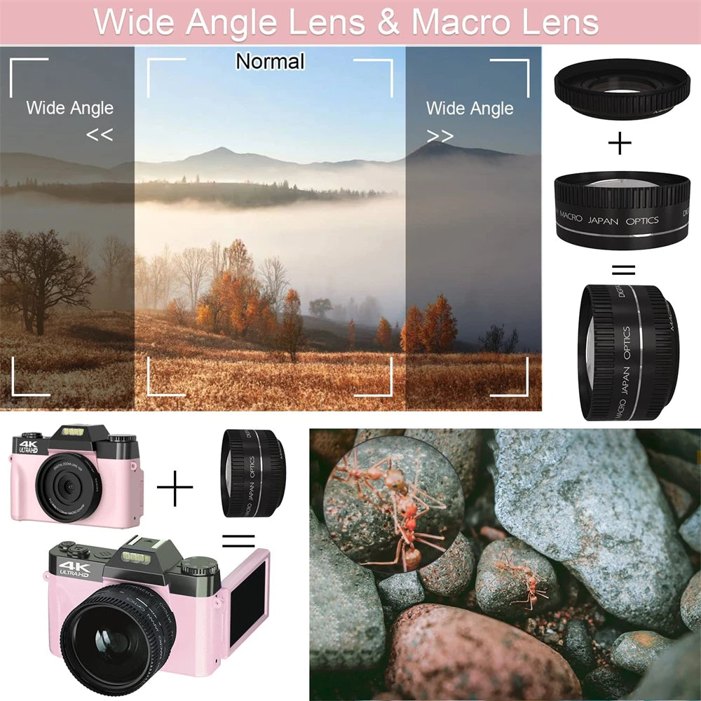 Flip Screen Digital Photo Camera 56MP 4K Photography Camcorder Vlog Selfie Video Camera Youtube Livestream Wide Angle Macro Lens