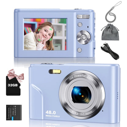 Digital Camera 1080P 48MP Autofocus Digital Camera for Beginners Video Camera with 32GB Memory Card 16X Digital Zoom Compact Cam Purple