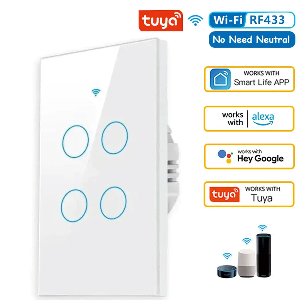 Tuya US WiFi Smart Wall Switch RF433 1/2/3/4 Gang No Neutral Wire Touch Sensor LED Light Switches Smart Home Alexa Google Home White 4 Gang