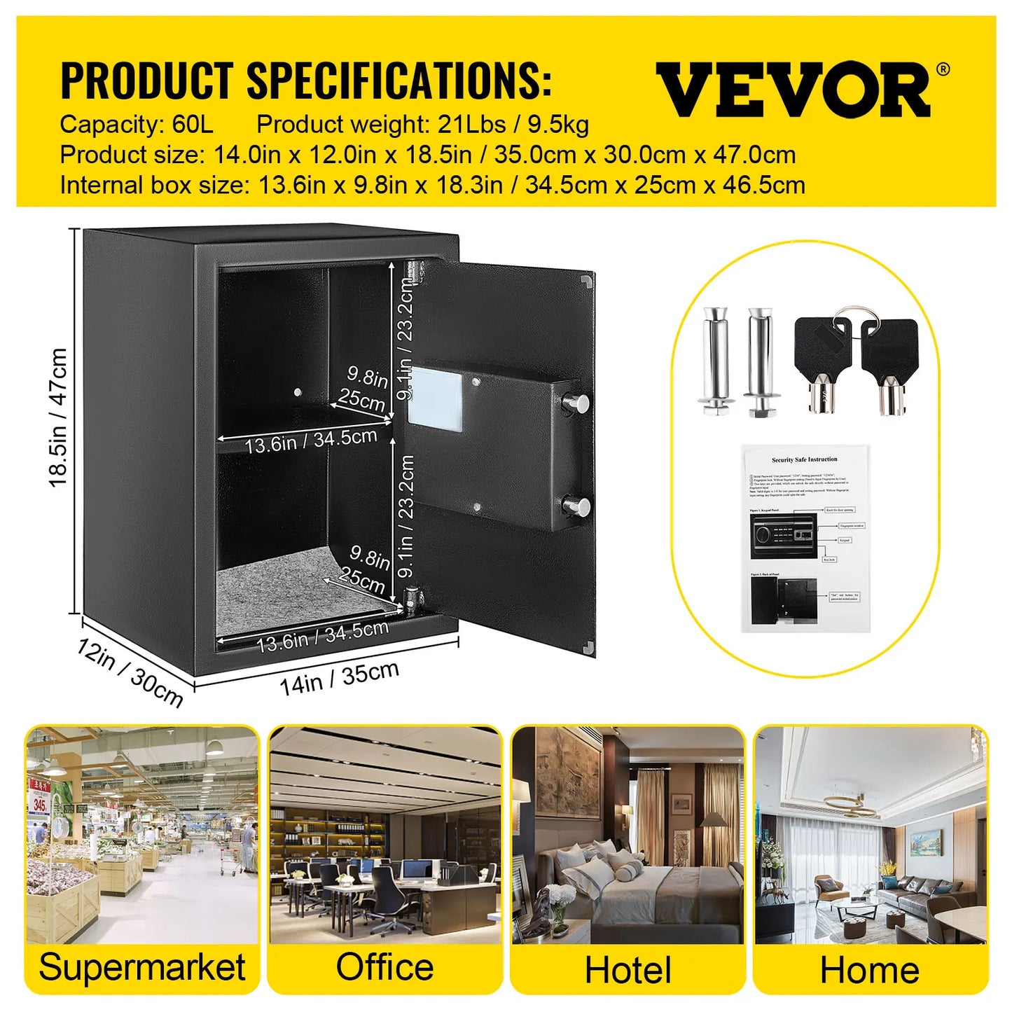 VEVOR Fingerprint Locks Safe Deposit Box 0.8/1.7/2.1 Cubic Feet Digital Electronic Secret Hidden Piggy Bank for Store Money Guns 2.1 Cubic Feet
