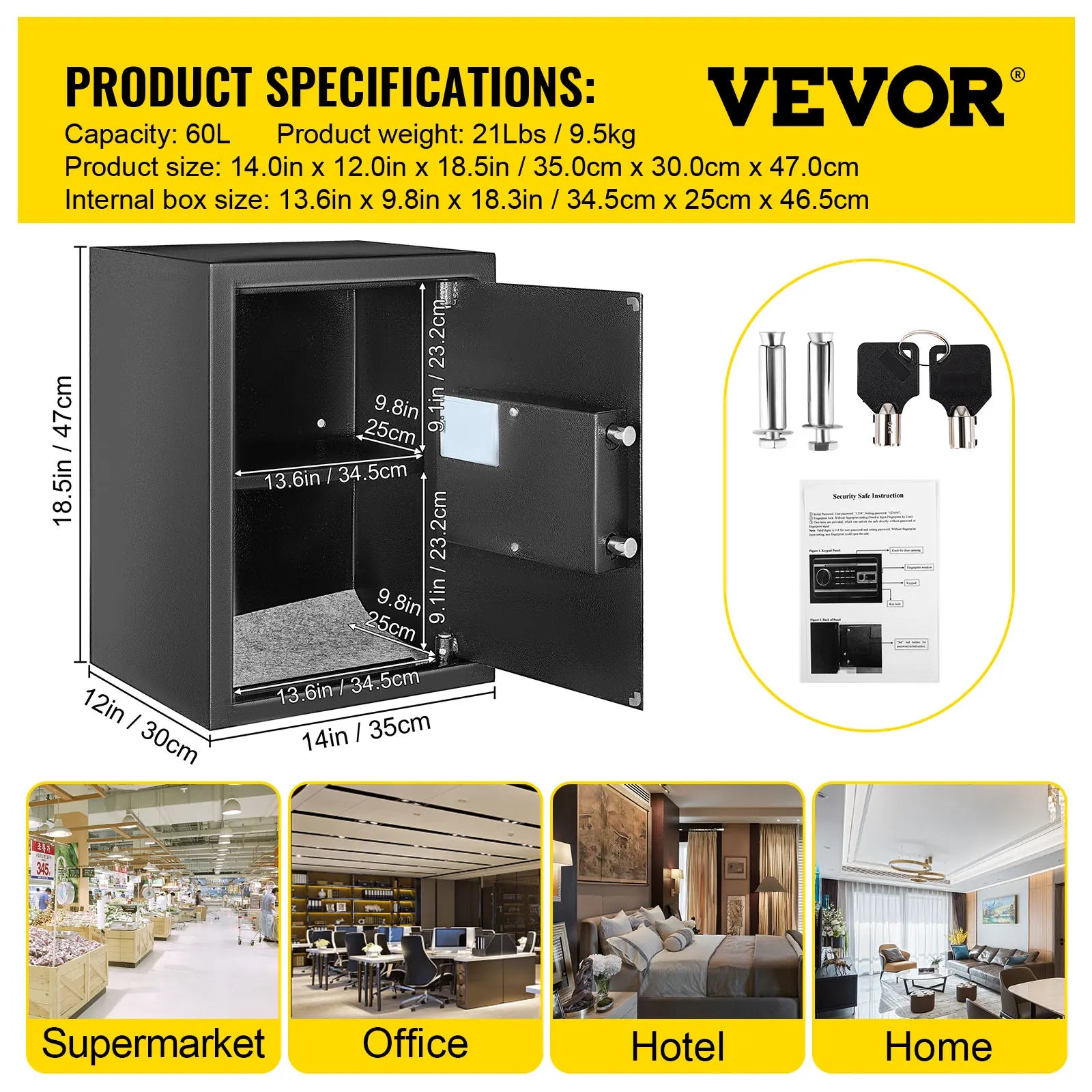 VEVOR Fingerprint Locks Safe Deposit Box 0.8/1.7/2.1 Cubic Feet Digital Electronic Secret Hidden Piggy Bank for Store Money Guns 2.1 Cubic Feet