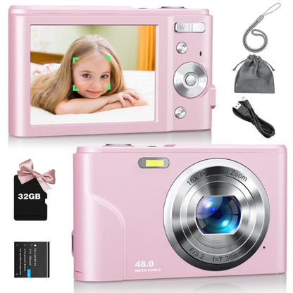 Digital Camera 1080P 48MP Autofocus Digital Camera for Beginners Video Camera with 32GB Memory Card 16X Digital Zoom Compact Cam Pink