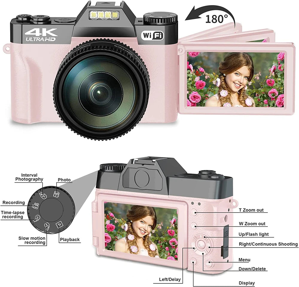 Flip Screen Digital Photo Camera 56MP 4K Photography Camcorder Vlog Selfie Video Camera Youtube Livestream Wide Angle Macro Lens