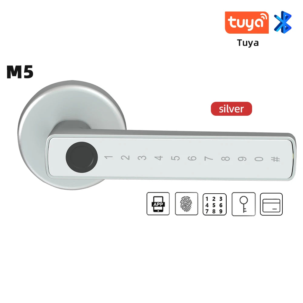 RAYKUBE M5 US Free Delivery Tuya BLE Smart Fingerprint Door Lock Electronic Lock with Password/Key/Card/Tuya APP Unlock United States, M5 Silver