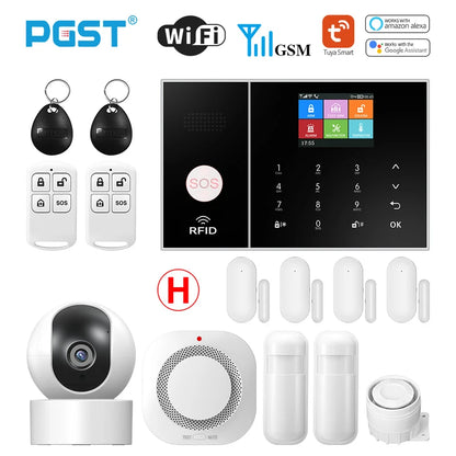 PGST Smart Life Alarm System for Home WIFI GSM Security Alarm Host with Door and Motion Sensor Tuya Smart App control work Alexa H, Eu plug