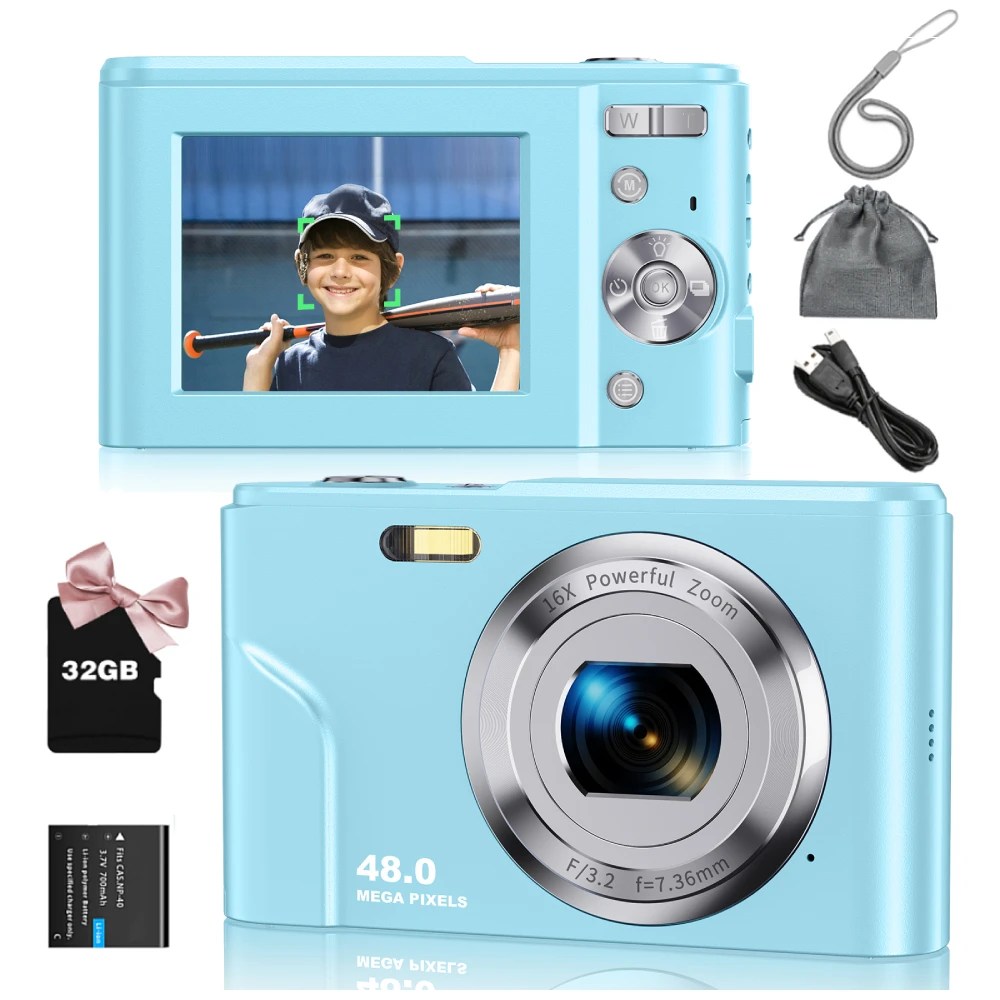 Digital Camera 1080P 48MP Autofocus Digital Camera for Beginners Video Camera with 32GB Memory Card 16X Digital Zoom Compact Cam Light Blue