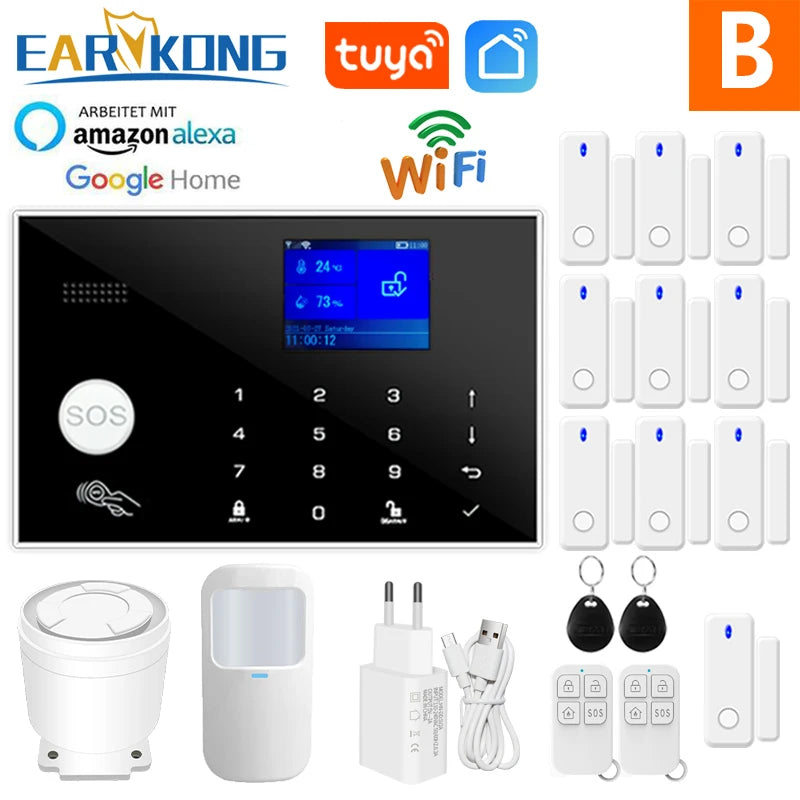 Wifi GSM Alarm System Home Wireless Security Burglar Alarm Kit Door Open Motion Sensor Smart Life Tuya App Control Suit Alexa Option B