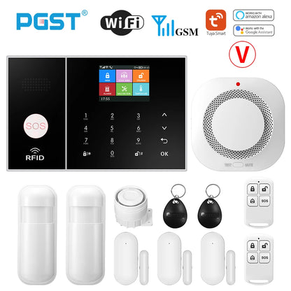 PGST Smart Life Alarm System for Home WIFI GSM Security Alarm Host with Door and Motion Sensor Tuya Smart App control work Alexa V, Eu plug