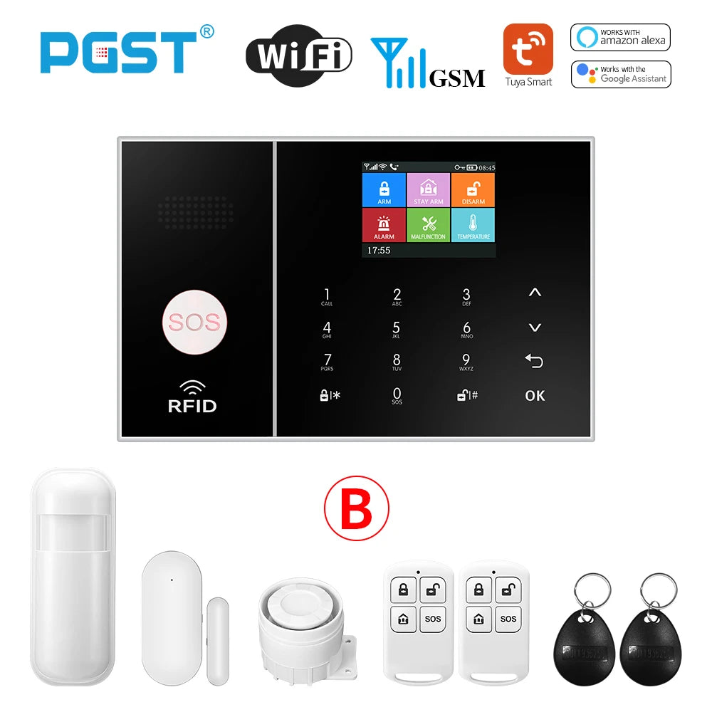 PGST Smart Life Alarm System for Home WIFI GSM Security Alarm Host with Door and Motion Sensor Tuya Smart App control work Alexa B, Eu plug