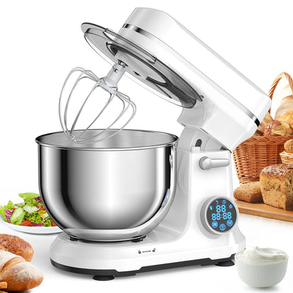 BioloMix Kitchen Food Stand Mixer, 1200W 11-Speeds DC Motor, Digital OLED Screen, Electric Food Mixer with Dough Hook, Whisk BM602E WHITE