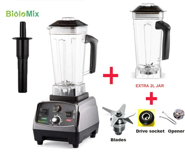 BioloMix 3HP 2200W Heavy Duty Commercial Grade Timer Blender Mixer Juicer Fruit Food Processor Ice Smoothies BPA Free 2L Jar Extra Jar and 3Parts