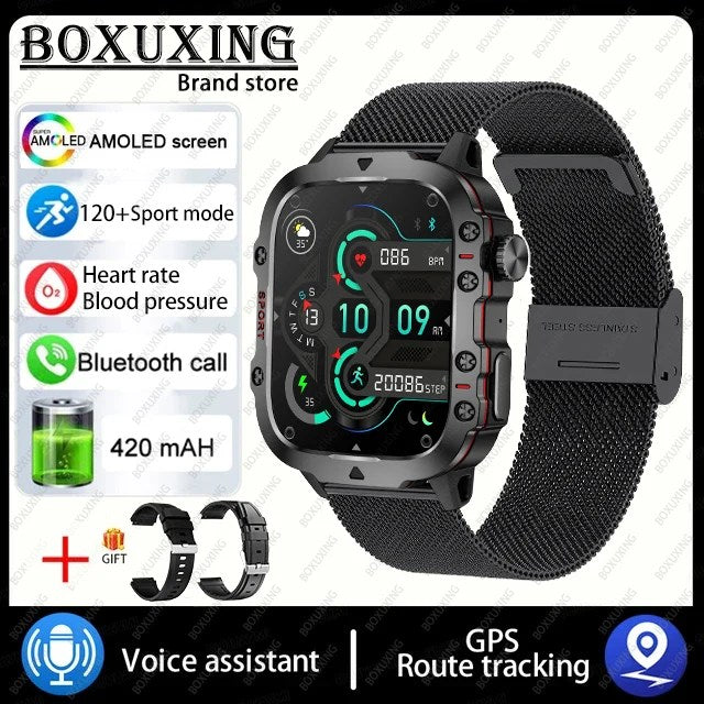 2024 New For Xiaomi Military Smart Watch Men IP68 5ATM Outdoor Sports Fitness Tracker Health Monitor 1.96" BT Call Smartwatch Black mesh belt, 3TAM Waterproof
