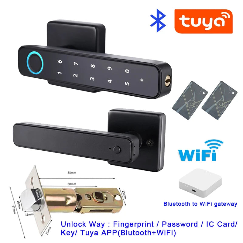 Tuya SmartLife APP Smart Fingerprint Password RFID Card Lock Dead Bolt With Key For Indoor Wooden Metal Door Black A With Gateway