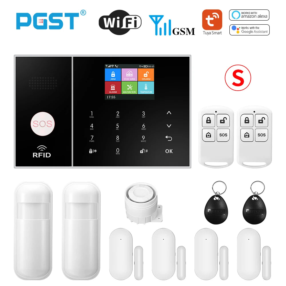 PGST Smart Life Alarm System for Home WIFI GSM Security Alarm Host with Door and Motion Sensor Tuya Smart App control work Alexa S, Eu plug