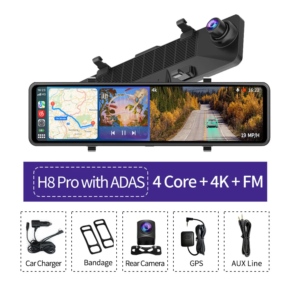 Imagebon 12" 4K ADAS Dash Cam Wireless CarPlay & Android Auto 5G WiFi Rearview Mirror Car DVR GPS FM Bluetooth Night Vision With ADAS Full Set