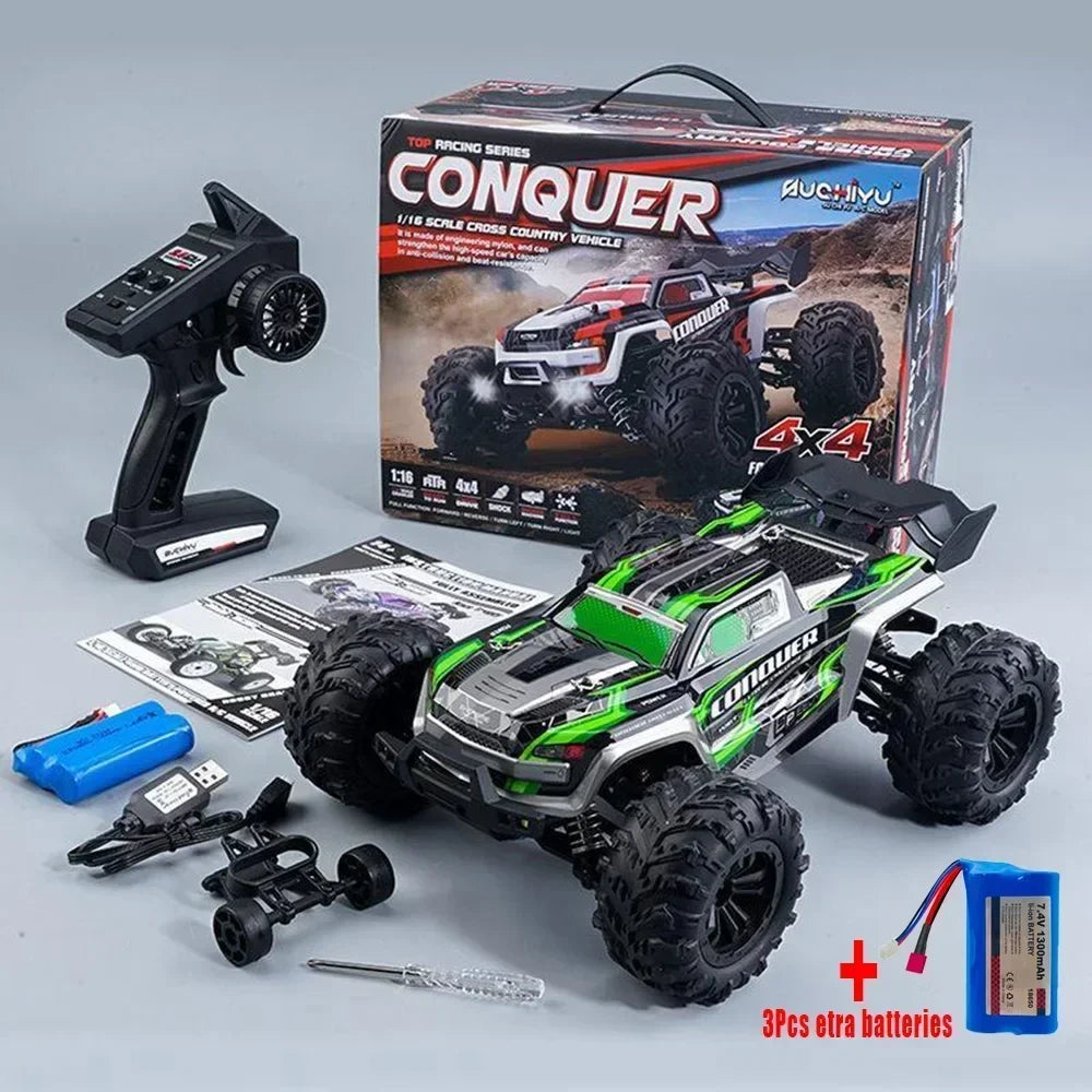 2024 New 1:16 Scale Large RC Cars 50km/h High Speed RC Cars Toys for Boys Remote Control Car 2.4G 4WD Off Road Monster Truck Green 4 Batteries