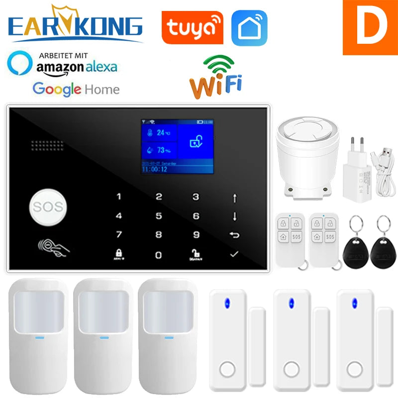 Wifi GSM Alarm System Home Wireless Security Burglar Alarm Kit Door Open Motion Sensor Smart Life Tuya App Control Suit Alexa Option D