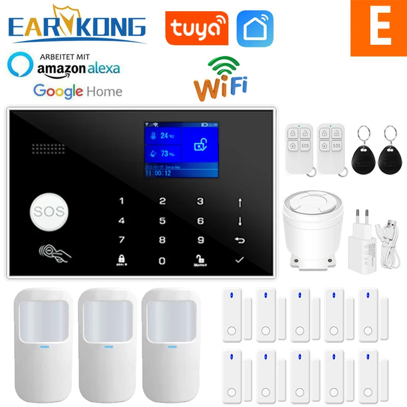 Wifi GSM Alarm System Home Wireless Security Burglar Alarm Kit Door Open Motion Sensor Smart Life Tuya App Control Suit Alexa Option E