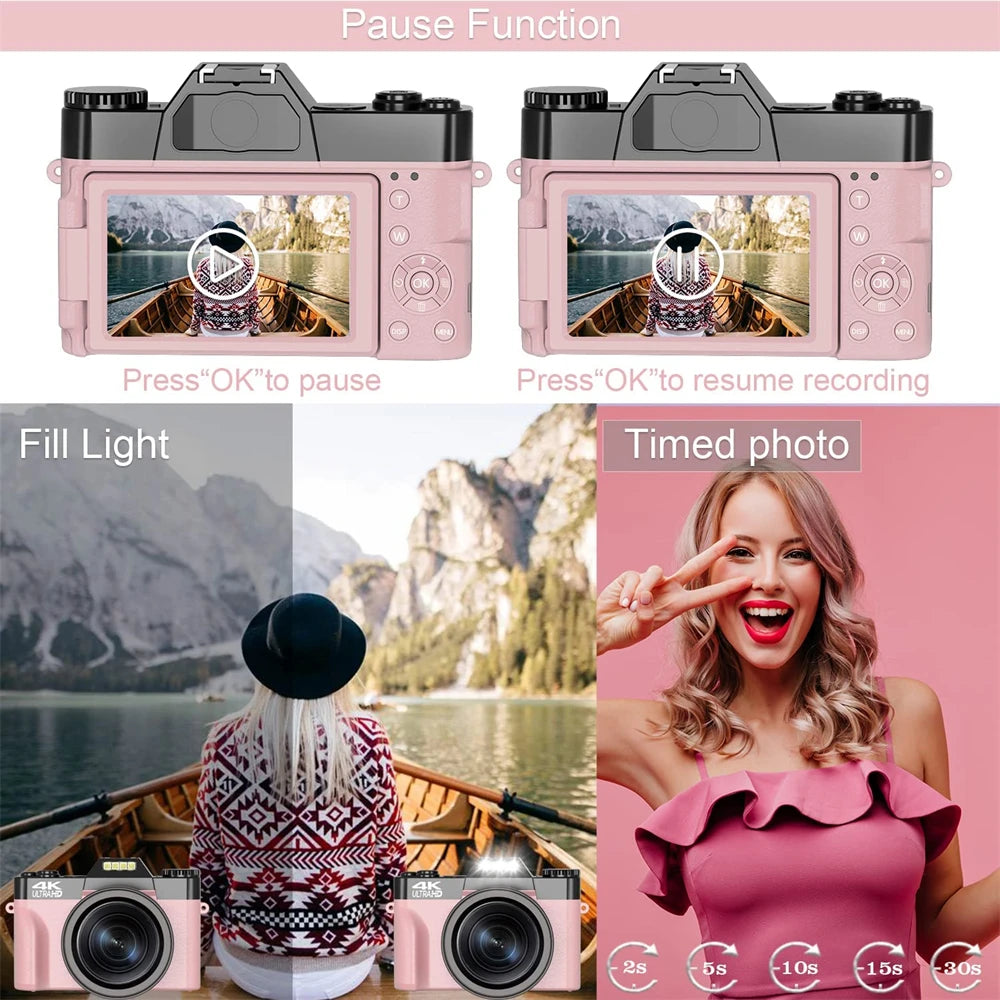 Flip Screen Digital Photo Camera 56MP 4K Photography Camcorder Vlog Selfie Video Camera Youtube Livestream Wide Angle Macro Lens