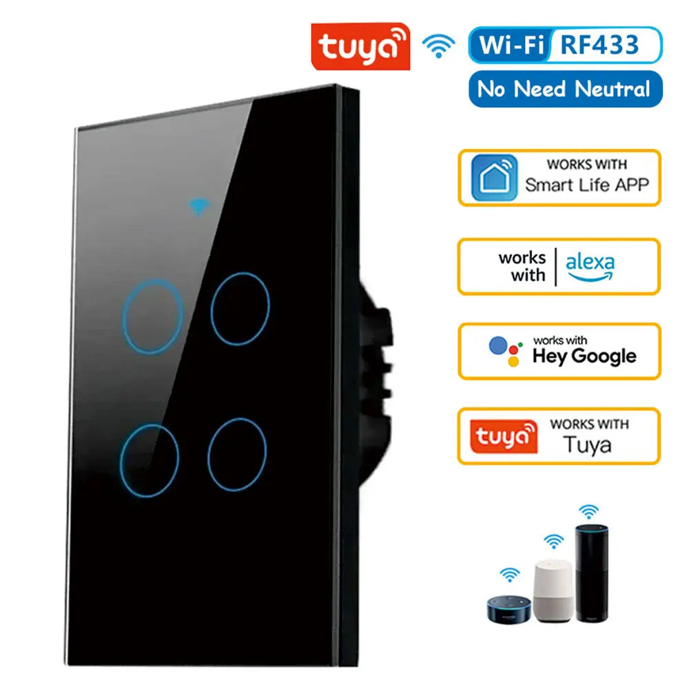 Tuya US WiFi Smart Wall Switch RF433 1/2/3/4 Gang No Neutral Wire Touch Sensor LED Light Switches Smart Home Alexa Google Home Black 4 Gang