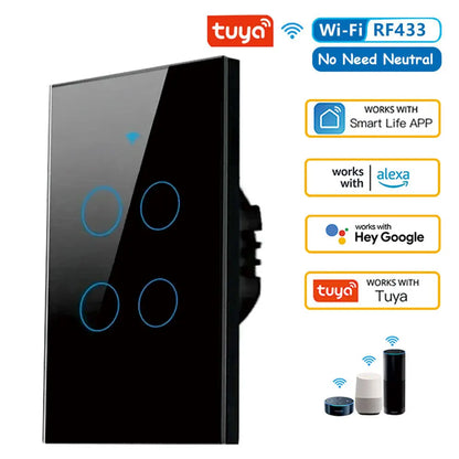 Tuya US WiFi Smart Wall Switch RF433 1/2/3/4 Gang No Neutral Wire Touch Sensor LED Light Switches Smart Home Alexa Google Home Black 4 Gang