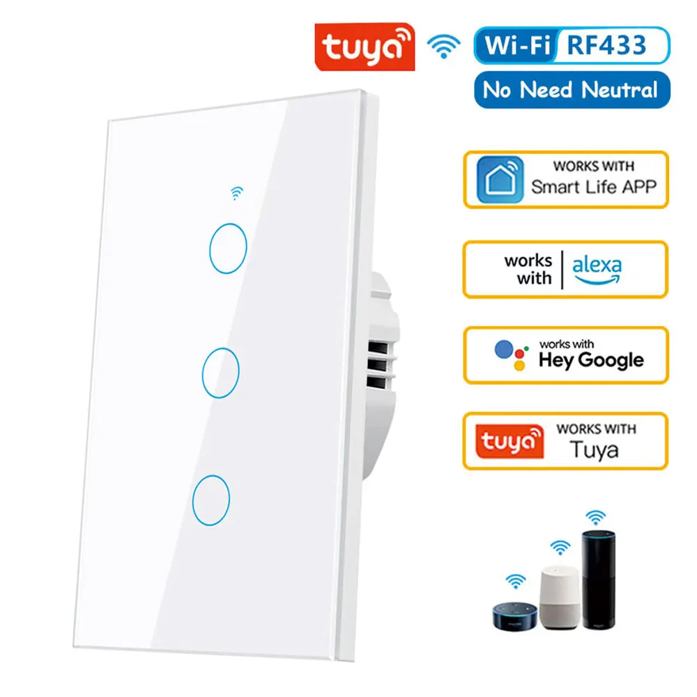 Tuya US WiFi Smart Wall Switch RF433 1/2/3/4 Gang No Neutral Wire Touch Sensor LED Light Switches Smart Home Alexa Google Home White 3 Gang